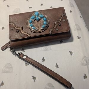 Brown Leather Clutch with Turquoise Accents